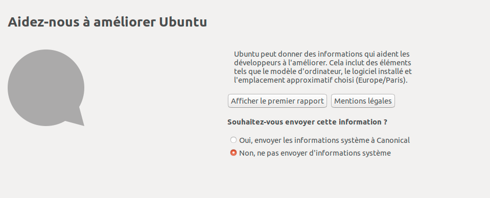 image montrant la fenêtre d'envoi des données du système a Canonical à des fins de maintenance