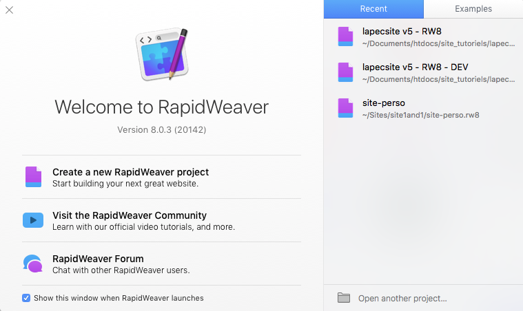 image montrant l'écran d'accueil de RapidWeaver