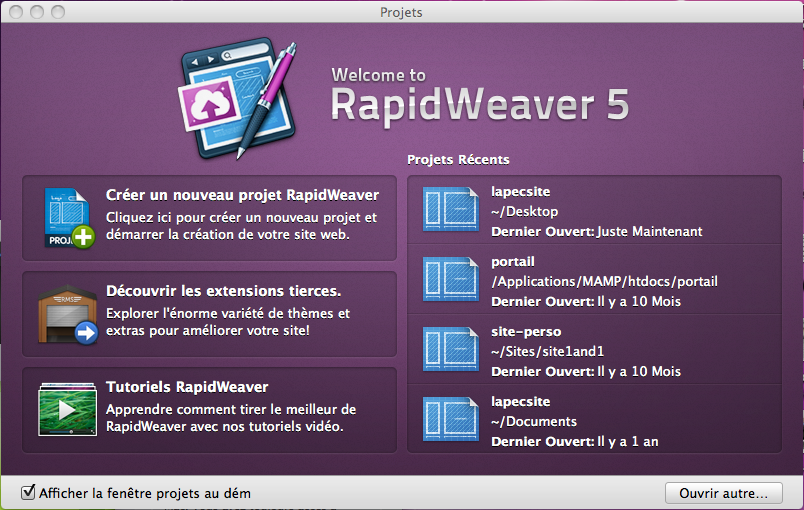 image montrant l'écran d'accueil de RapidWeaver